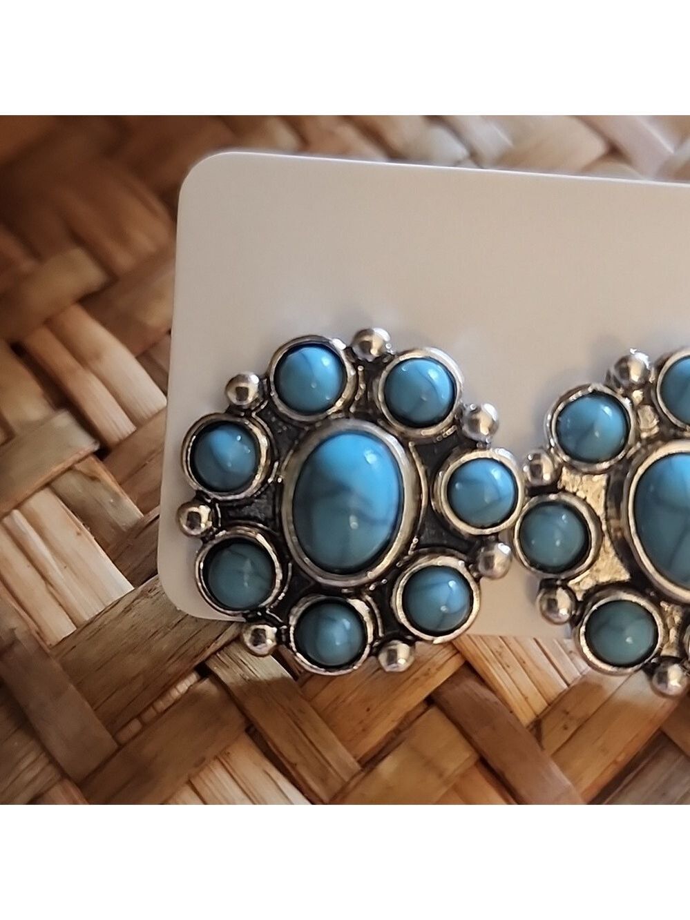 Southwestern Simulated Turquoise Stud Earrings - Picture 2 of 5